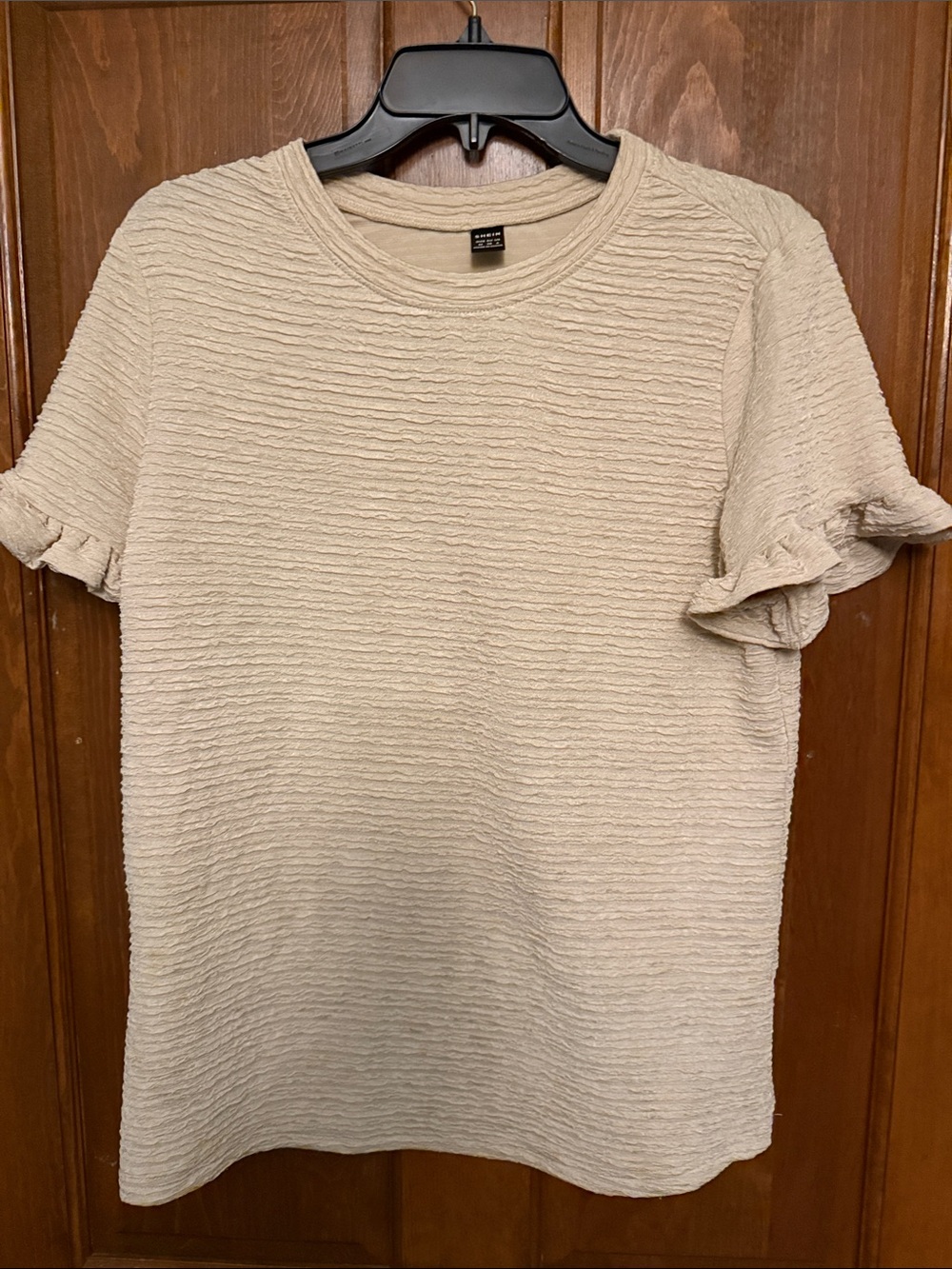 SHEIN Cream Textured Short Sleeve Ruffle Top